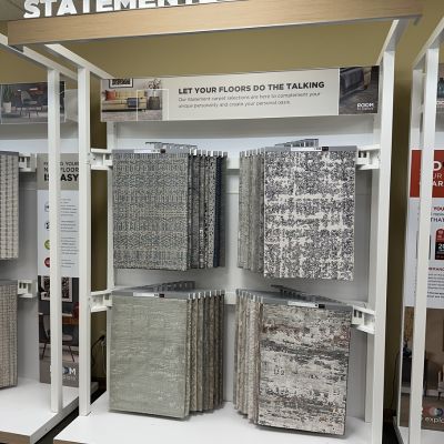 Statement carpet display with patterned gray carpets